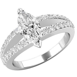 3.60 Carats Marquise & Round Natural Diamond Ring 14K White Gold