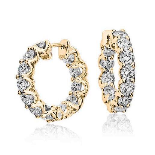  Round Brilliant Cut Genuine Diamonds Lady Hoop Earrings 14K Gold