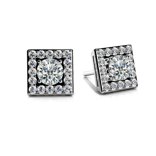 3.60 Carats Square Shaped Stud Halo Earrings Real Diamond White Gold 14K