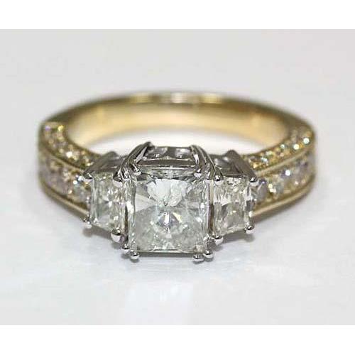 3.65 Carat Three Stone Natural Diamond Ring Two Tone 14K