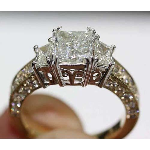 3.65 Carat Vintage Style Three Stone Natural Diamond Ring Two Tone 14K