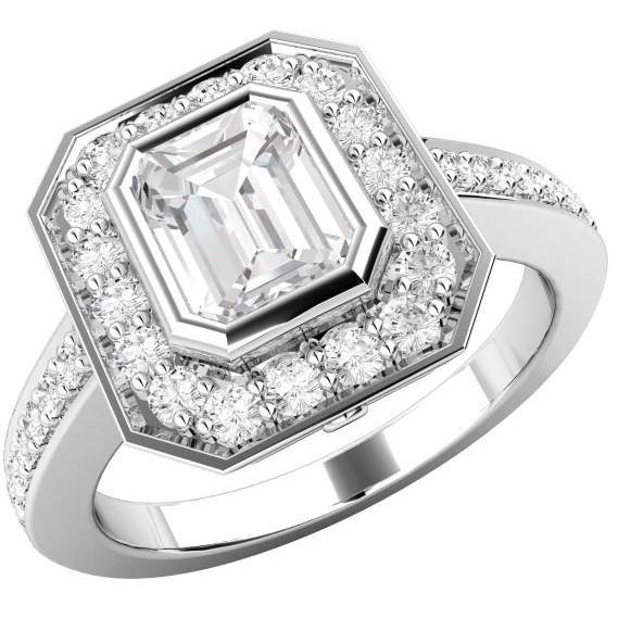 3.75 Ct Emerald And Round Cut Real Diamond Ring Halo White Gold