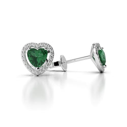 3.80 Carats Heart Cut Green Emerald With Round Diamond Stud Earrings
