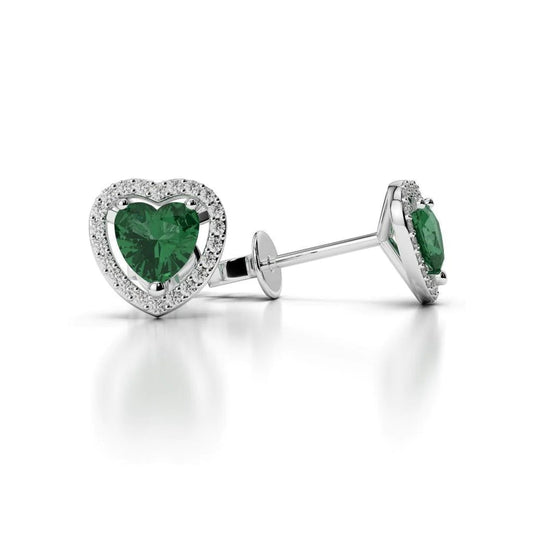 3.80 Carats Heart Cut Green Emerald With Round Diamond Stud Earrings