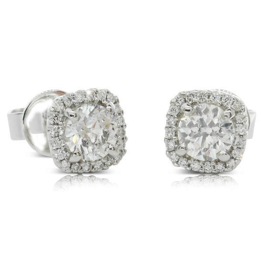 3.80 Carats Prong Set Round Genuine Diamond Stud Halo Earrings 14K White Gold