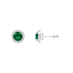 3.80 Carats Round Cut Green Emerald And Diamonds Stud Halo Earrings