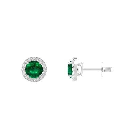 3.80 Carats Round Cut Green Emerald And Diamonds Stud Halo Earrings