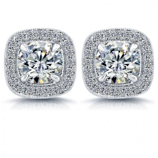 3.90 Carats Prong Set Genuine Diamond Women Stud Earrings Halo White Gold 14K