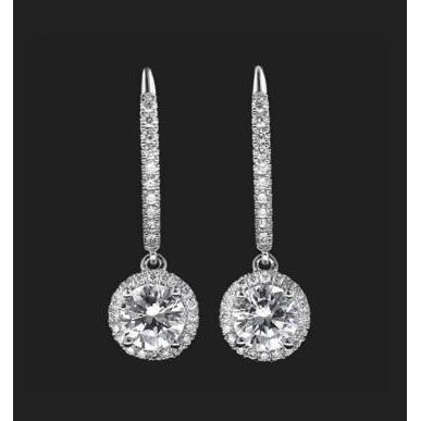 3.90 Carats Round Cut Real Diamonds Ladies Dangle Earrings White Gold 14K