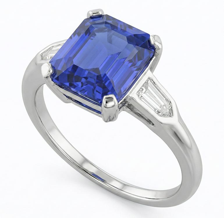 3 Stone Sapphire Ring Emerald Cut Tapered Baguette Natural Earth Mined Diamonds 3 Carats