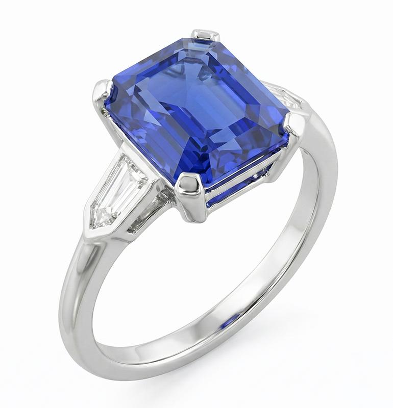3 Stone Sapphire Ring Emerald Cut Tapered Baguette Natural Earth Mined Diamonds 3 Carats