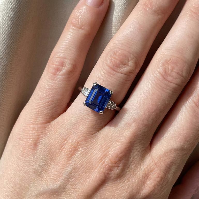 3 Stone Sapphire Ring Emerald Cut Tapered Baguette Natural Earth Mined Diamonds 3 Carats