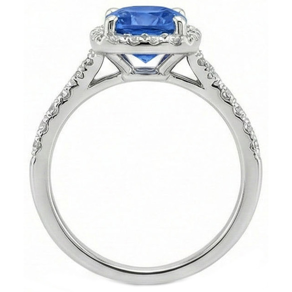 4.10 Ct Cushion Sri Lankan Sapphire And Round Natural Earth Mined Diamonds Ring White Gold