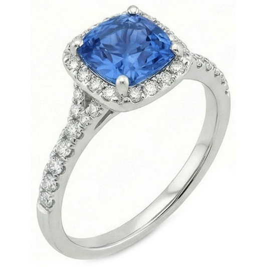 4.10 Ct Cushion Sri Lankan Sapphire And Round Natural Earth Mined DIAMOND ( NOT LAB GROWN )s Ring White Gold