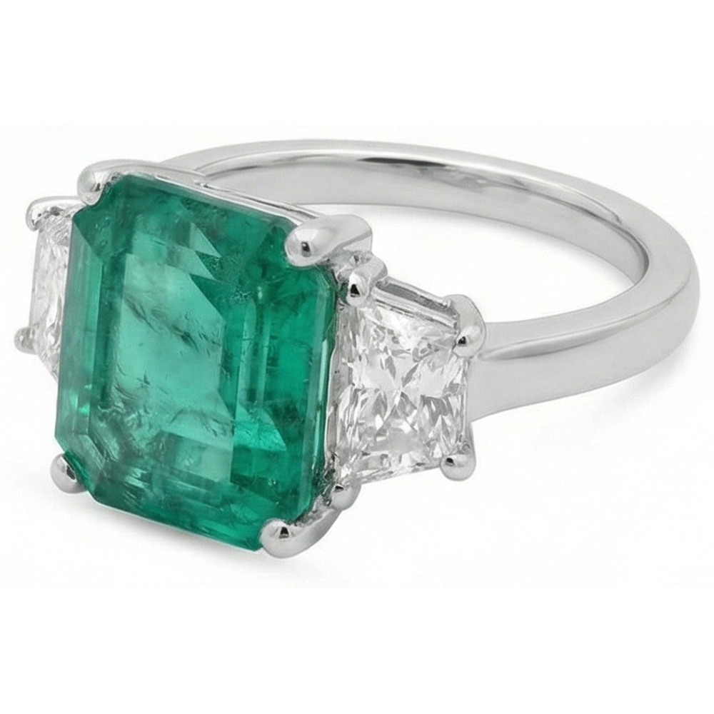 4.25 Carats Green Emerald Natural Earth Mined DIAMOND ( NOT LAB GROWN ) Three Stone Ring White Gold 14K New