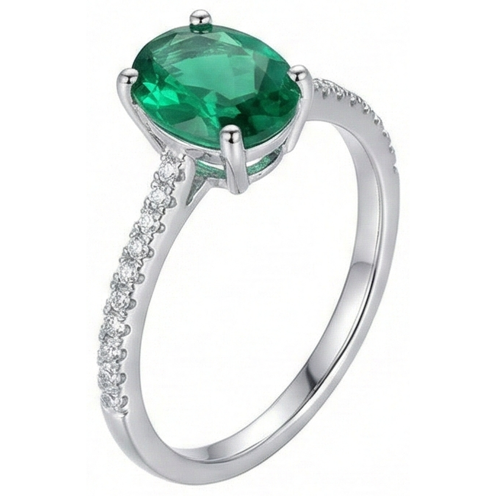 4.25 Carats Oval Cut Green Emerald And Natural Earth Mined Diamond Ring White Gold 14K