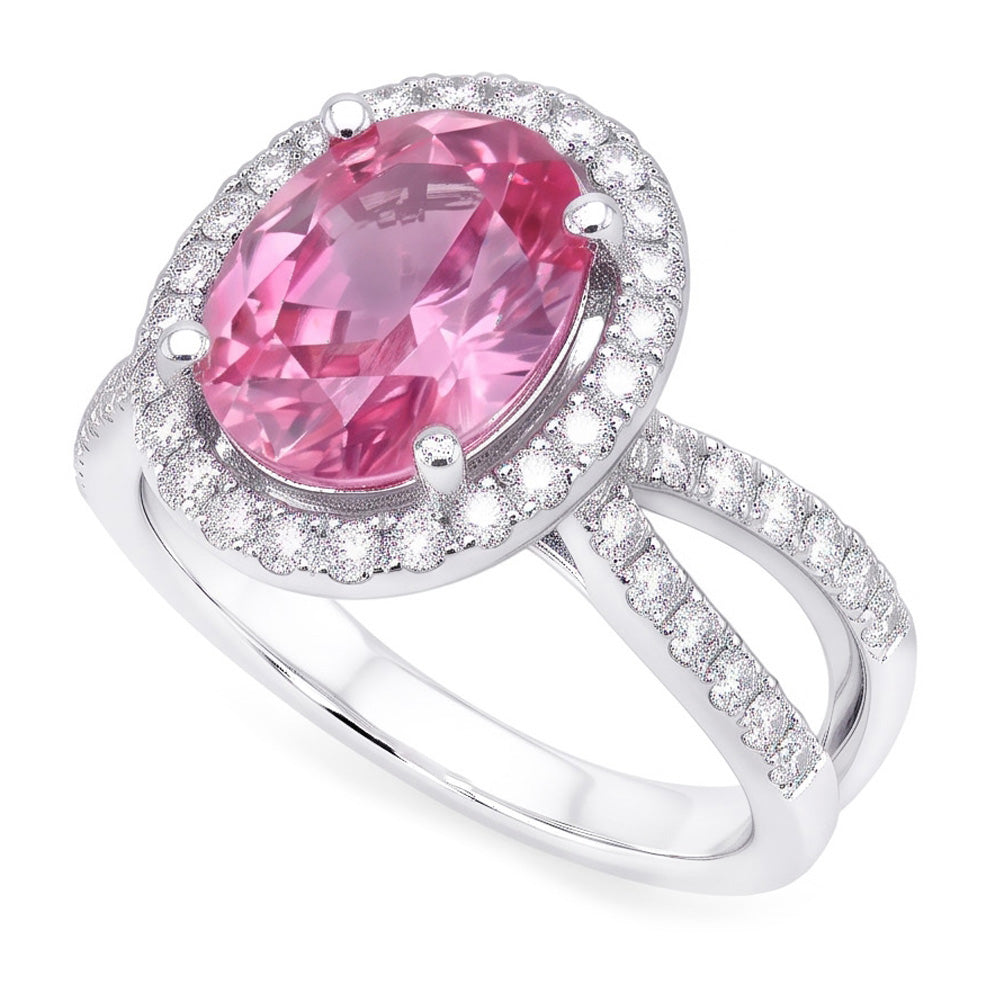 4.25 Carats Pink Sapphire And Natural Earth Mined Diamonds Wedding Ring 14K White Gold
