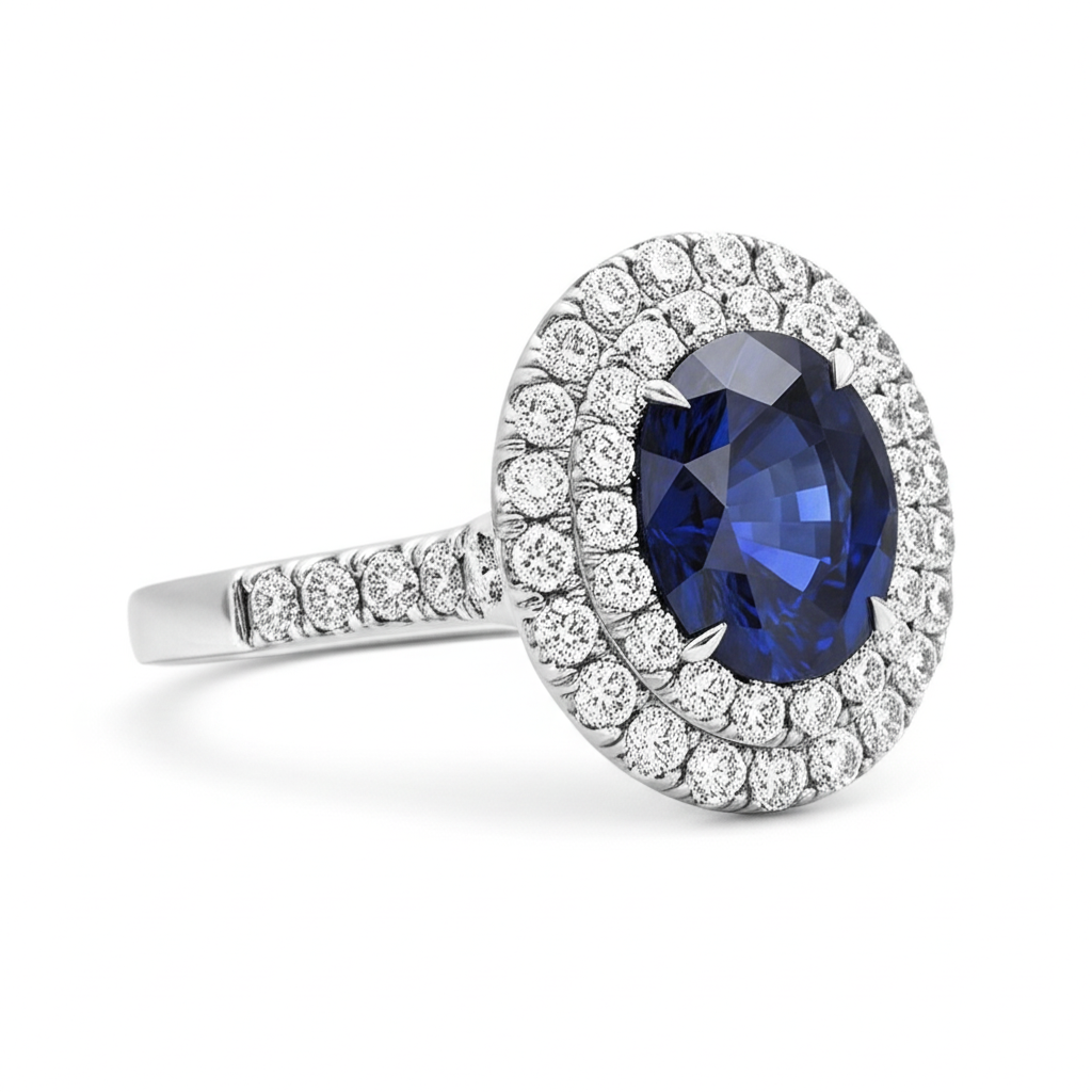 4.25 Carats Solitaire With Accent Sapphire Natural Earth Mined Diamonds Ring White Gold