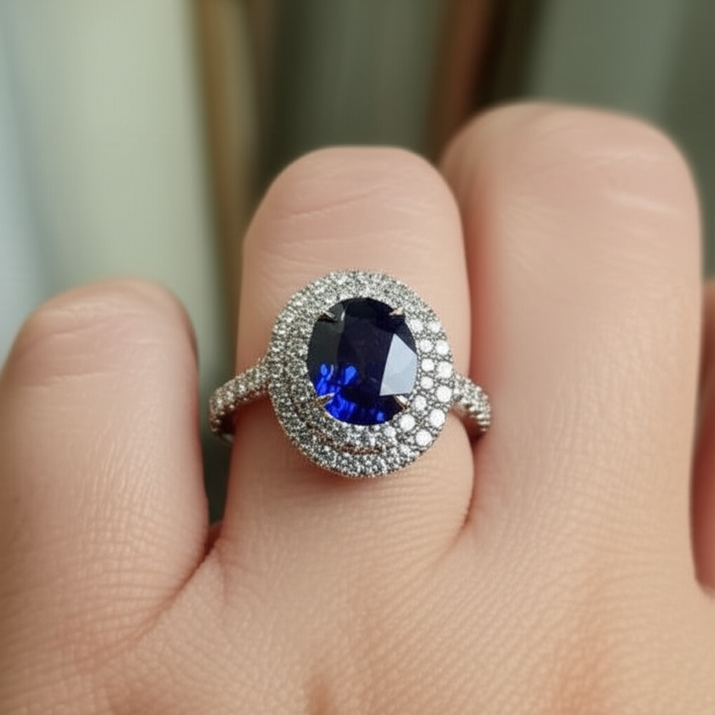 4.25 Carats Solitaire With Accent Sapphire Natural Earth Mined Diamonds Ring White Gold