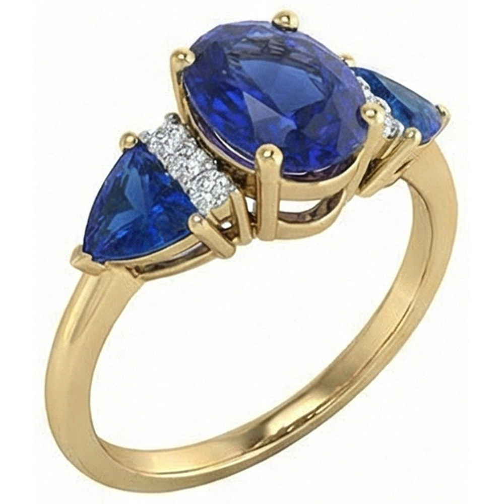 4.26 Ct. Oval Trillion Ceylon Sapphire And Natural Earth Mined DIAMOND ( NOT LAB GROWN )s Ring 3 Stone