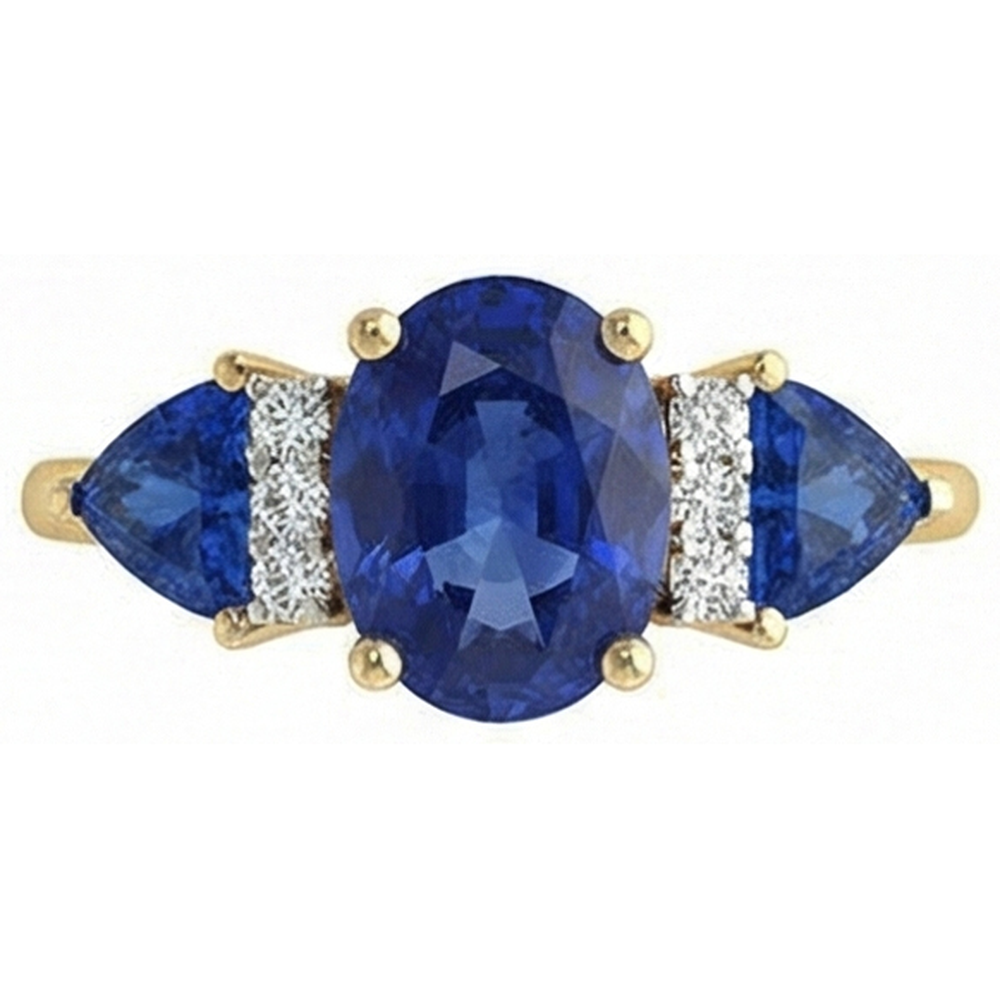 4.26 Ct. Oval Trillion Ceylon Sapphire And Natural Earth Mined DIAMOND ( NOT LAB GROWN )s Ring 3 Stone
