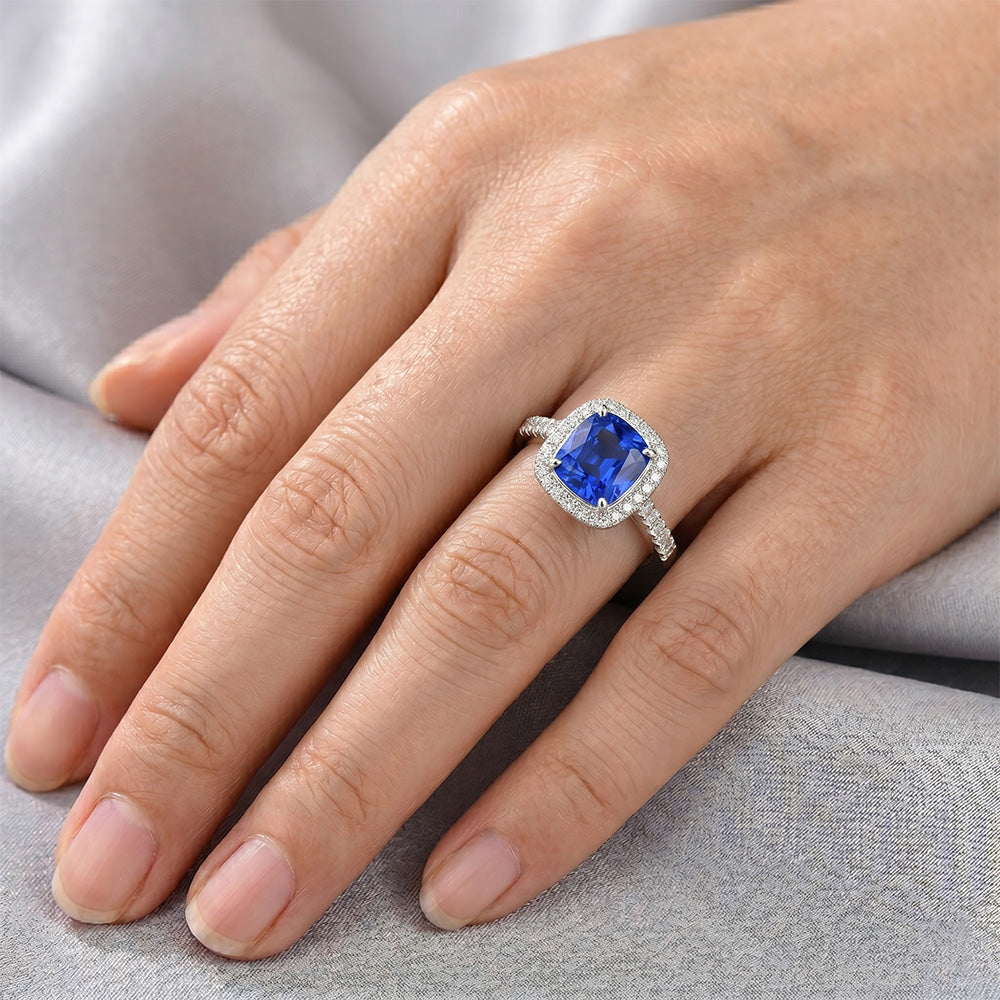 4.30 Ct Ring Cushion Ceylon Blue Sapphire And Round Natural Earth Mined DIAMOND ( NOT LAB GROWN )s
