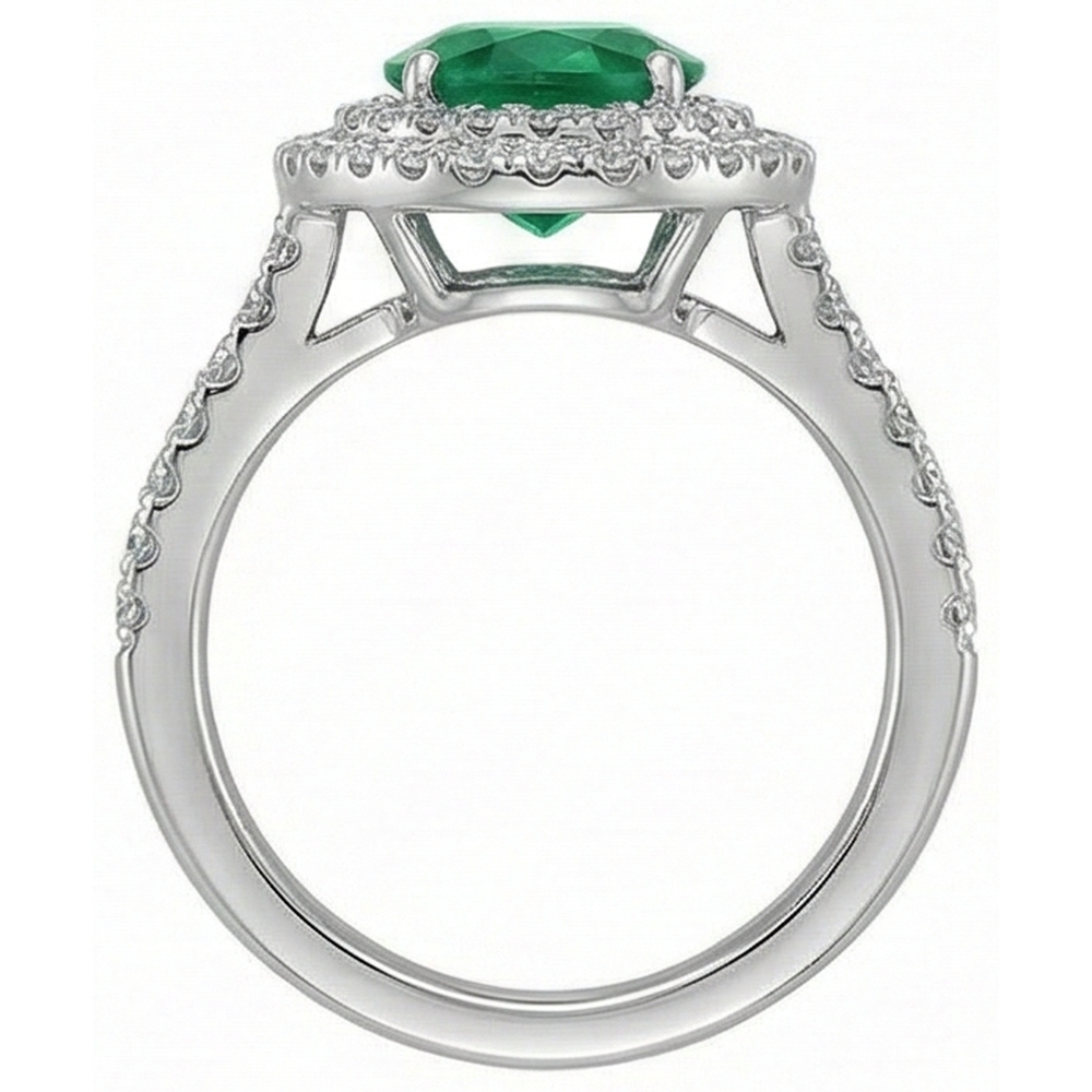 4.35 Carats Green Emerald With Natural Earth Mined DIAMOND ( NOT LAB GROWN )s Ring Double Halo 14K White Gold
