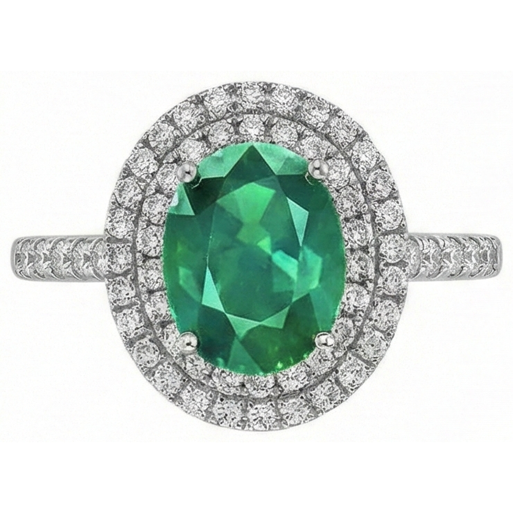 4.35 Carats Green Emerald With Natural Earth Mined DIAMOND ( NOT LAB GROWN )s Ring Double Halo 14K White Gold