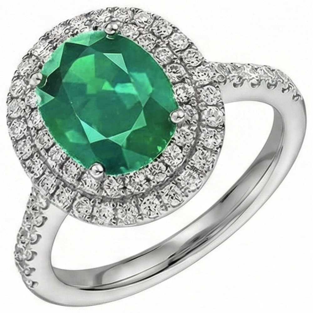 4.35 Carats Green Emerald With Natural Earth Mined DIAMOND ( NOT LAB GROWN )s Ring Double Halo 14K White Gold