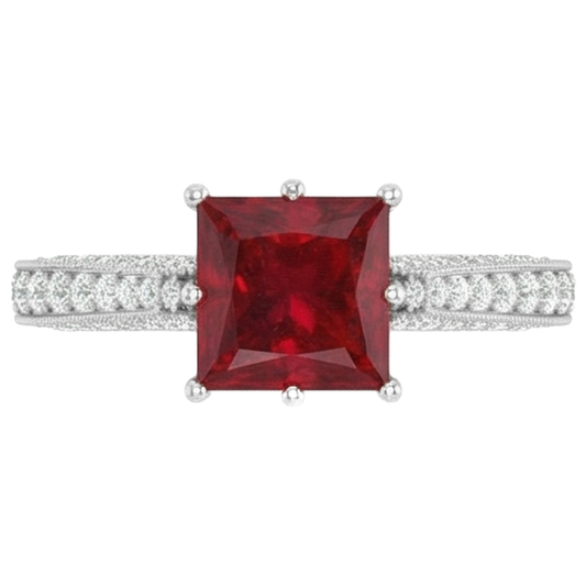 4.35 Carats Princess Cut Ruby With Round Natural Earth Mined Diamonds Ring White Gold