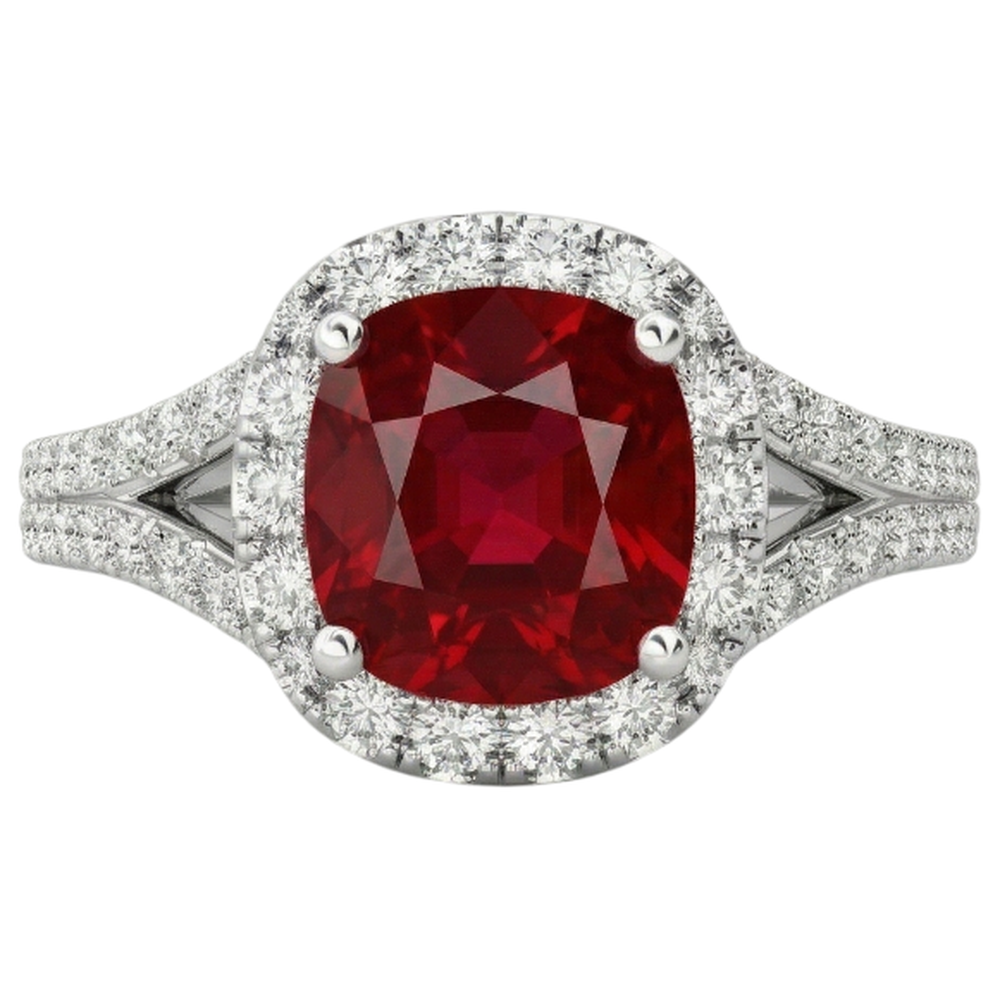 4.35 Ct Halo Ruby And Natural Earth Mined DIAMOND ( NOT LAB GROWN )s Ring Split Shank White Gold 14K