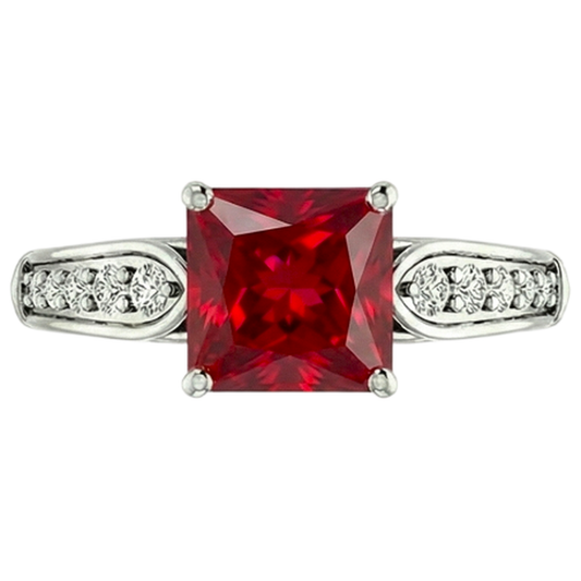 4.40 Carats Princess Red Ruby And Sparkling Natural Earth Mined DIAMOND ( NOT LAB GROWN ) Ring Gold 14K