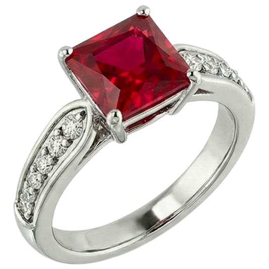 4.40 Carats Princess Red Ruby And Sparkling Natural Earth Mined DIAMOND ( NOT LAB GROWN ) Ring Gold 14K