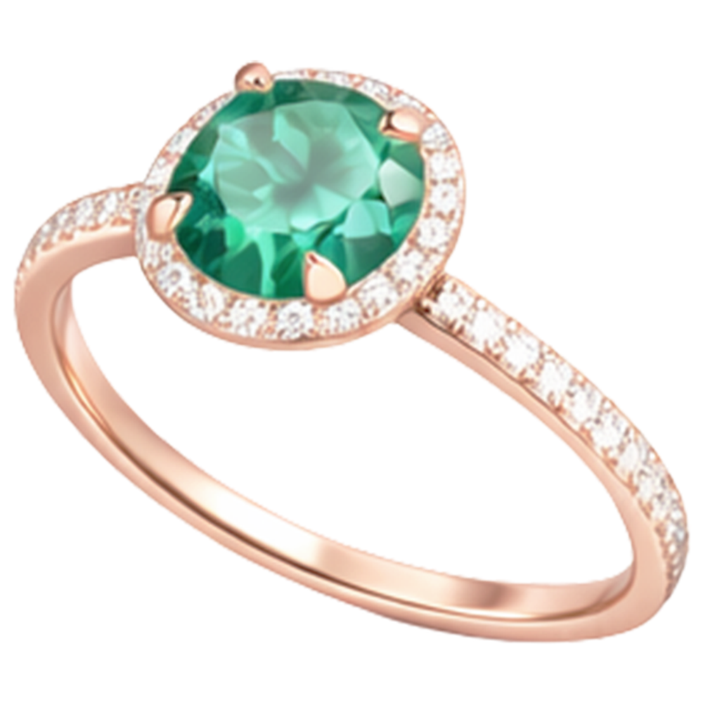 4.40 Carats Round Shaped Green Emerald With Natural Earth Mined Diamond Ring Rose Gold 14K