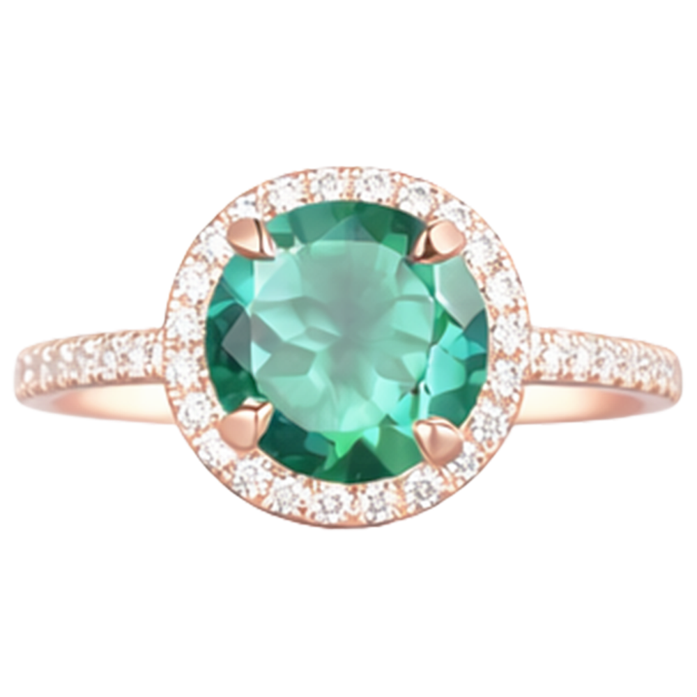 4.40 Carats Round Shaped Green Emerald With Natural Earth Mined Diamond Ring Rose Gold 14K