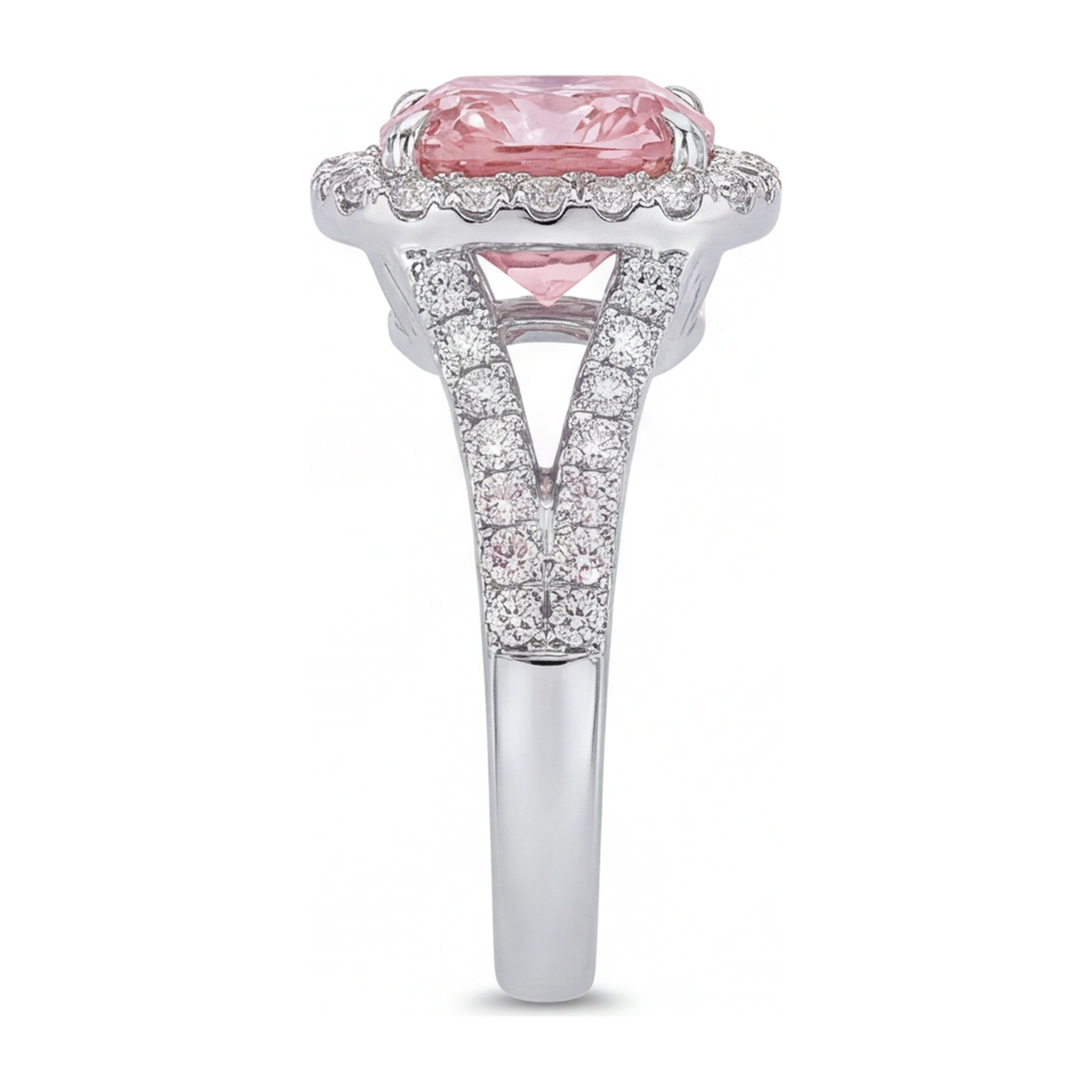 Lab Grown Pink Diamond Ring 4.5 Carat Cushion Halo 14K White Gold
