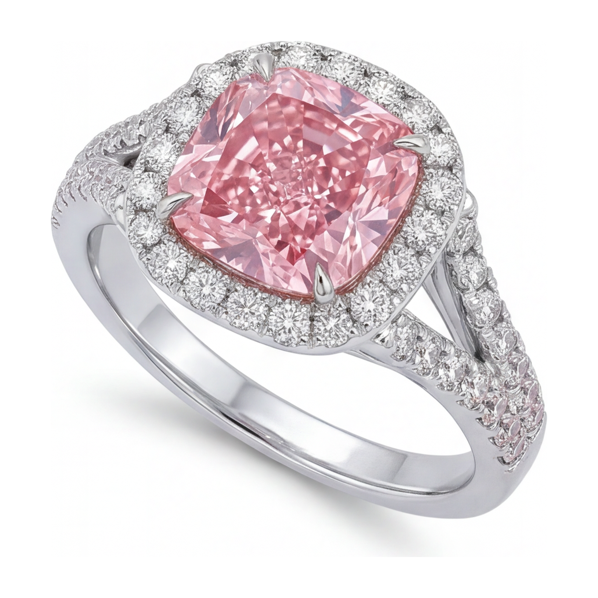 Lab Grown Pink Diamond Ring 4.5 Carat Cushion Halo 14K White Gold