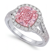 Lab Grown Pink Diamond Ring 4.5 Carat Cushion Halo 14K White Gold
