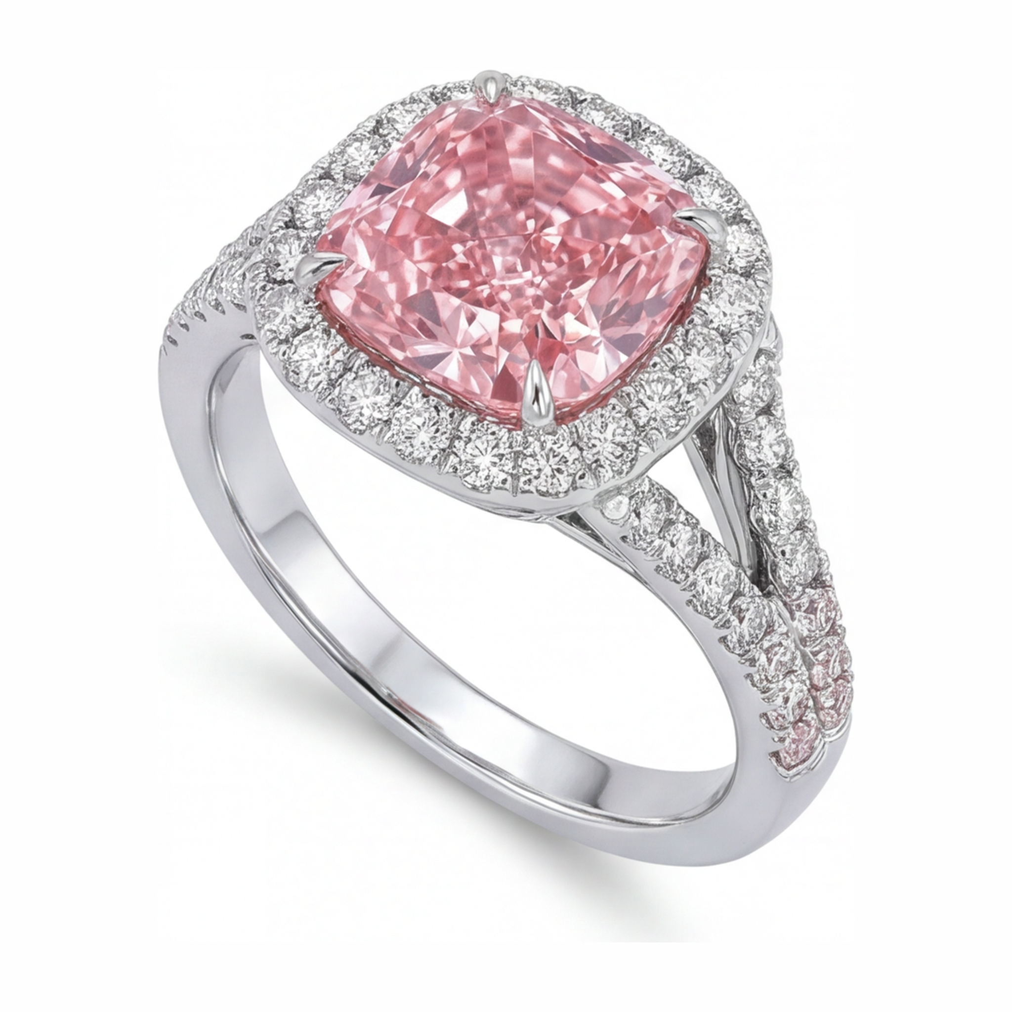 Lab Grown Pink Diamond Ring 4.5 Carat Cushion Halo 14K White Gold