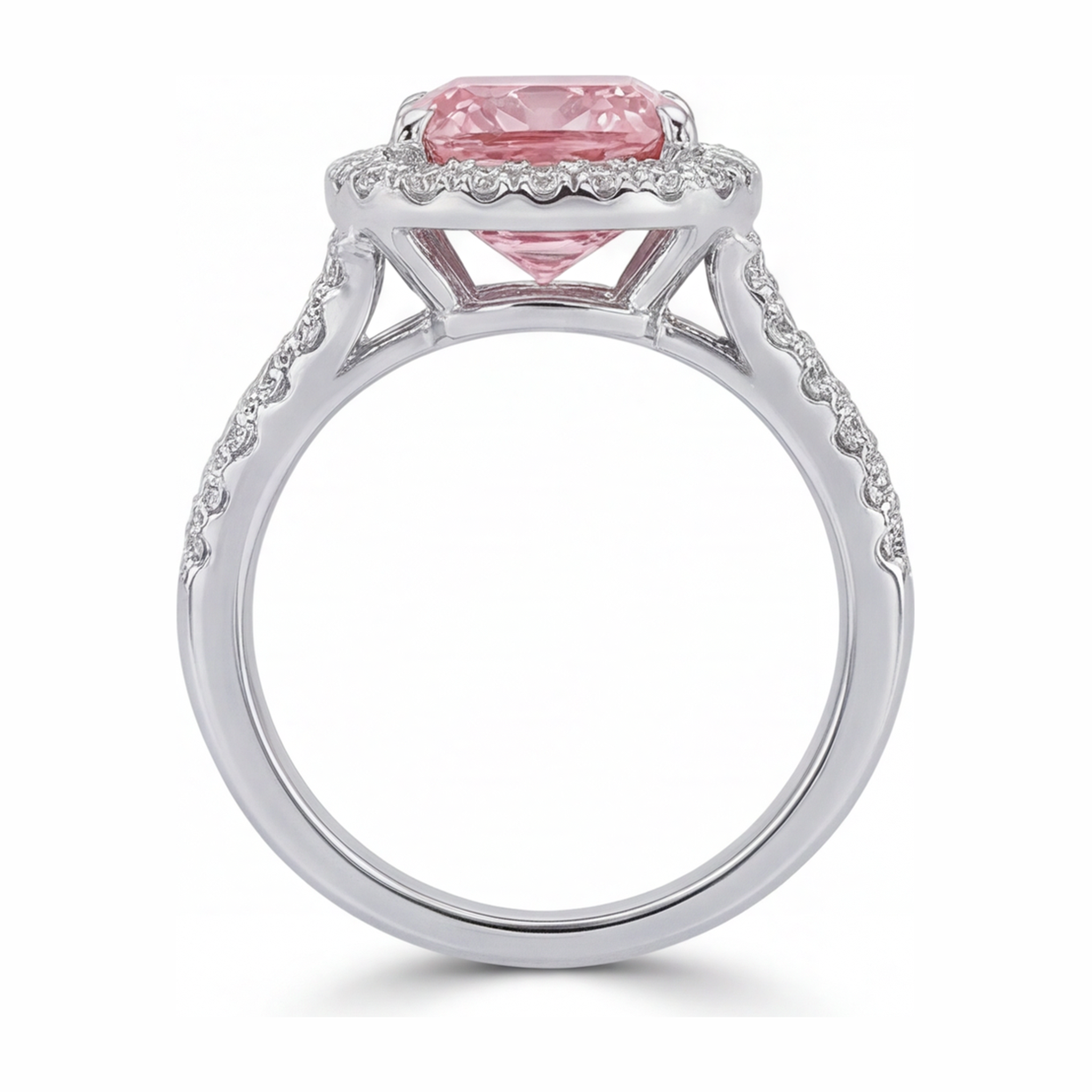 Lab Grown Pink Diamond Ring 4.5 Carat Cushion Halo 14K White Gold
