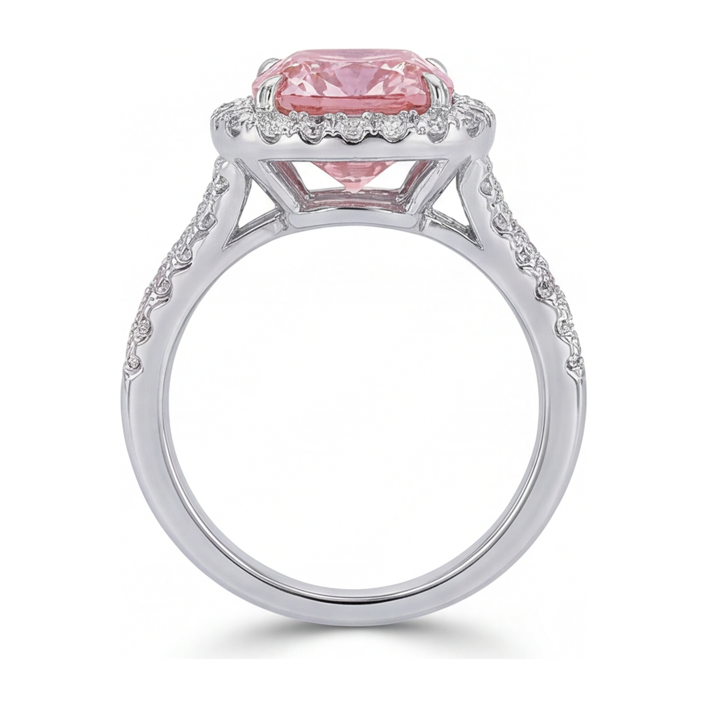 Lab Grown Pink Diamond Ring 4.5 Carat Cushion Halo 14K White Gold