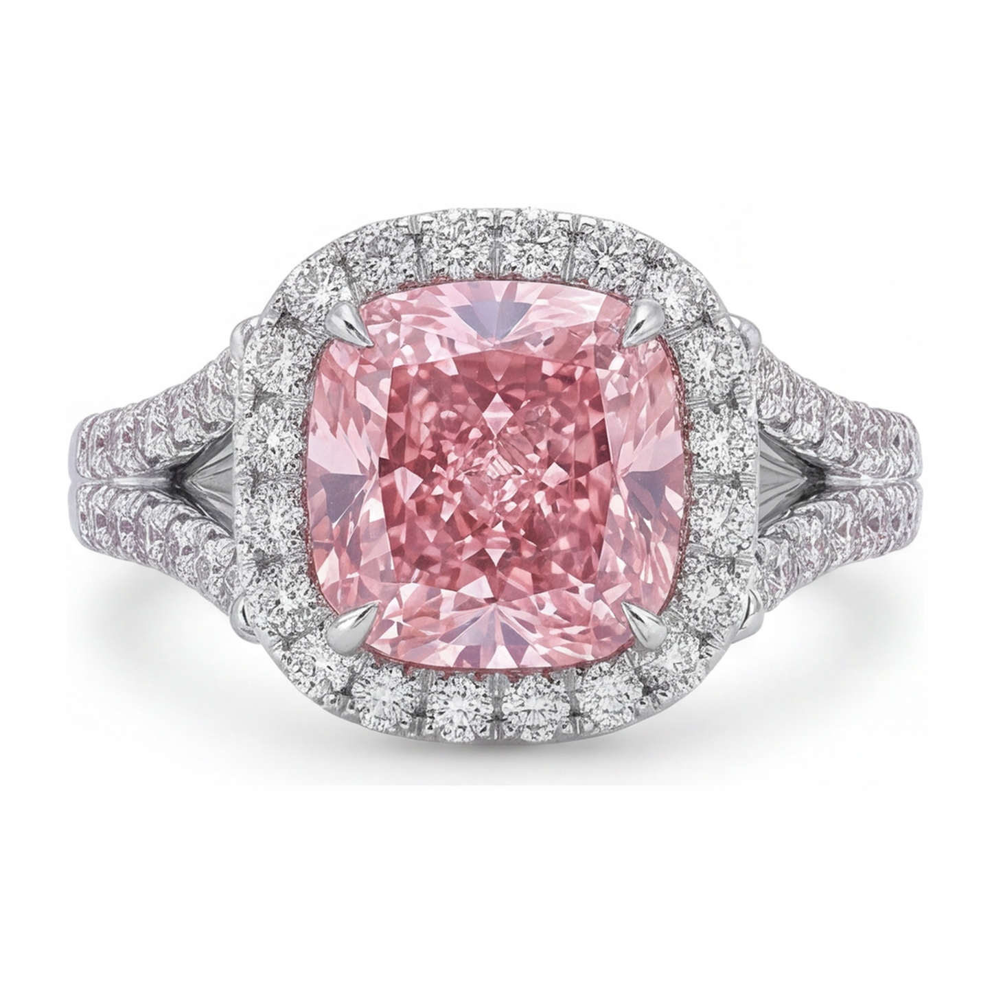 Lab Grown Pink Diamond Ring 4.5 Carat Cushion Halo 14K White Gold