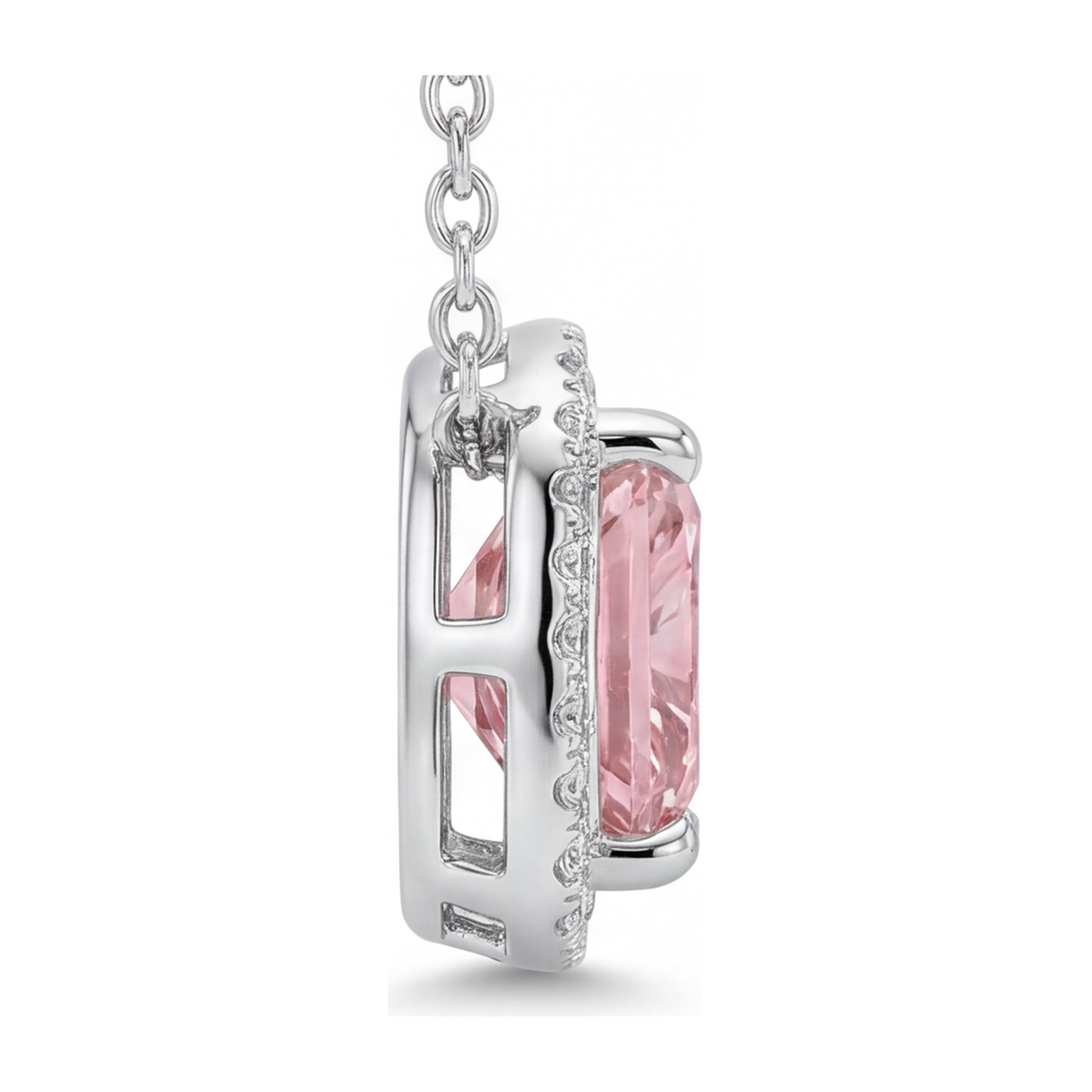 Pink Diamond Necklace 4.5 Carat Lab Grown Radiant Halo Pave Cathedral Pendant 14K White Gold