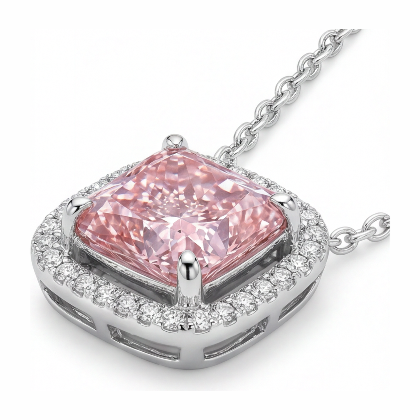 Pink Diamond Necklace 4.5 Carat Lab Grown Radiant Halo Pave Cathedral Pendant 14K White Gold