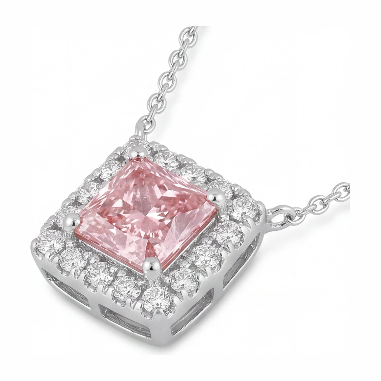 Pink Diamond Necklace 4.5 Carat Lab Grown Radiant Halo Pave Pendant 14K White Gold