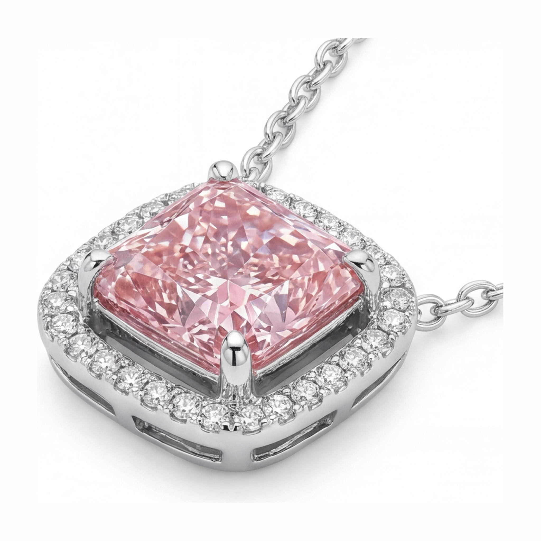 Pink Diamond Necklace 4.5 Carat Lab Grown Radiant Halo Pave Cathedral Pendant 14K White Gold