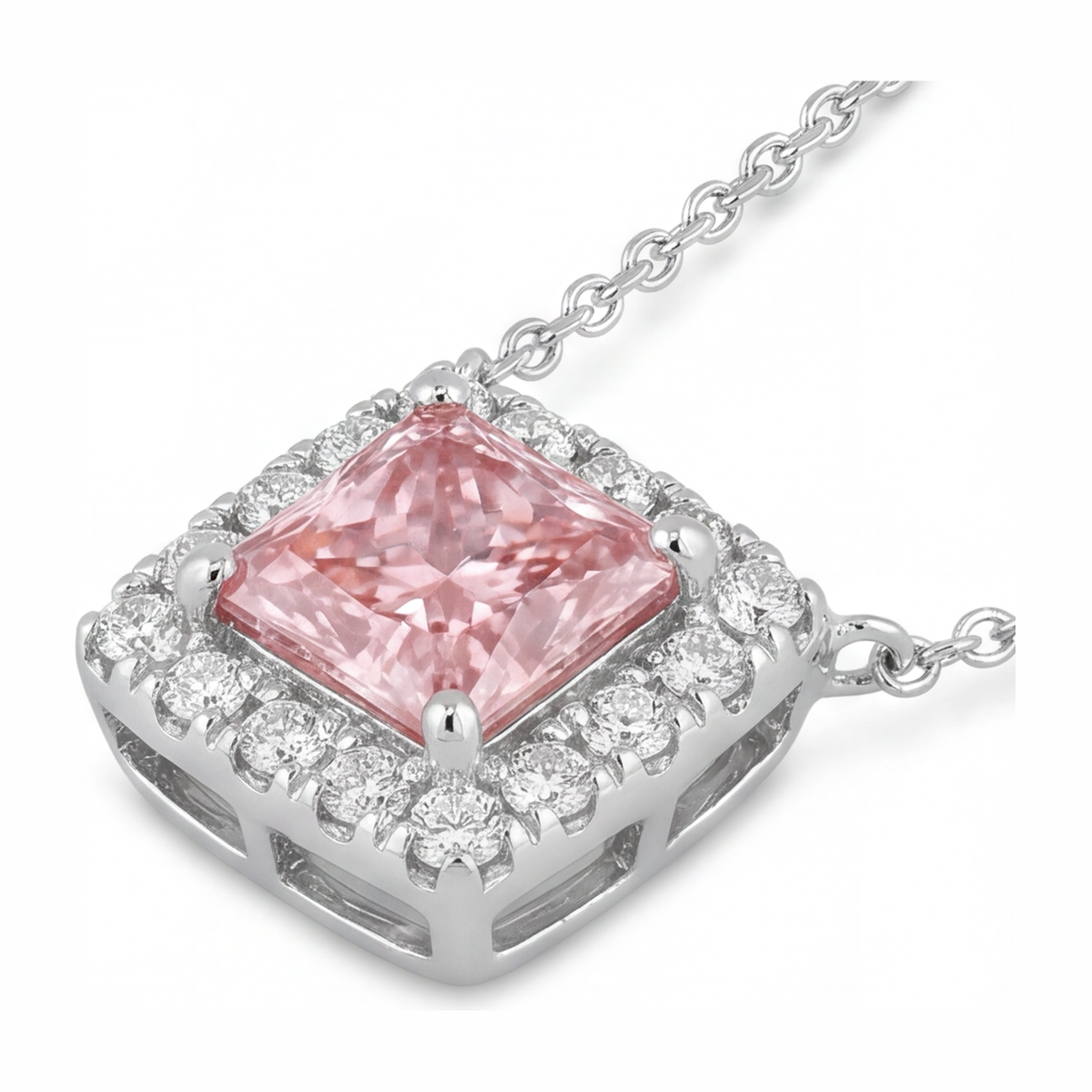 Pink Diamond Necklace 4.5 Carat Lab Grown Radiant Halo Pave Pendant 14K White Gold
