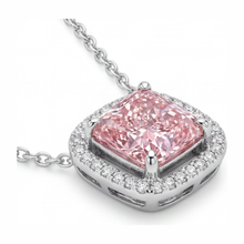 Pink Diamond Necklace 4.5 Carat Lab Grown Radiant Halo Pave Cathedral Pendant 14K White Gold