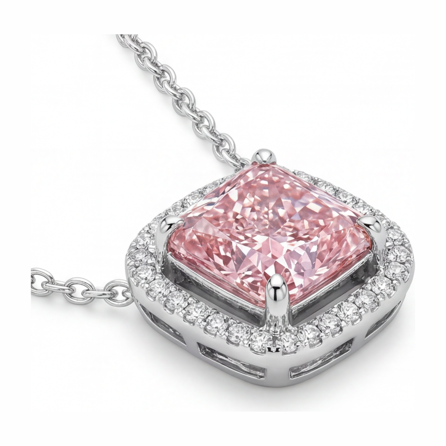 Pink Diamond Necklace 4.5 Carat Lab Grown Radiant Halo Pave Cathedral Pendant 14K White Gold
