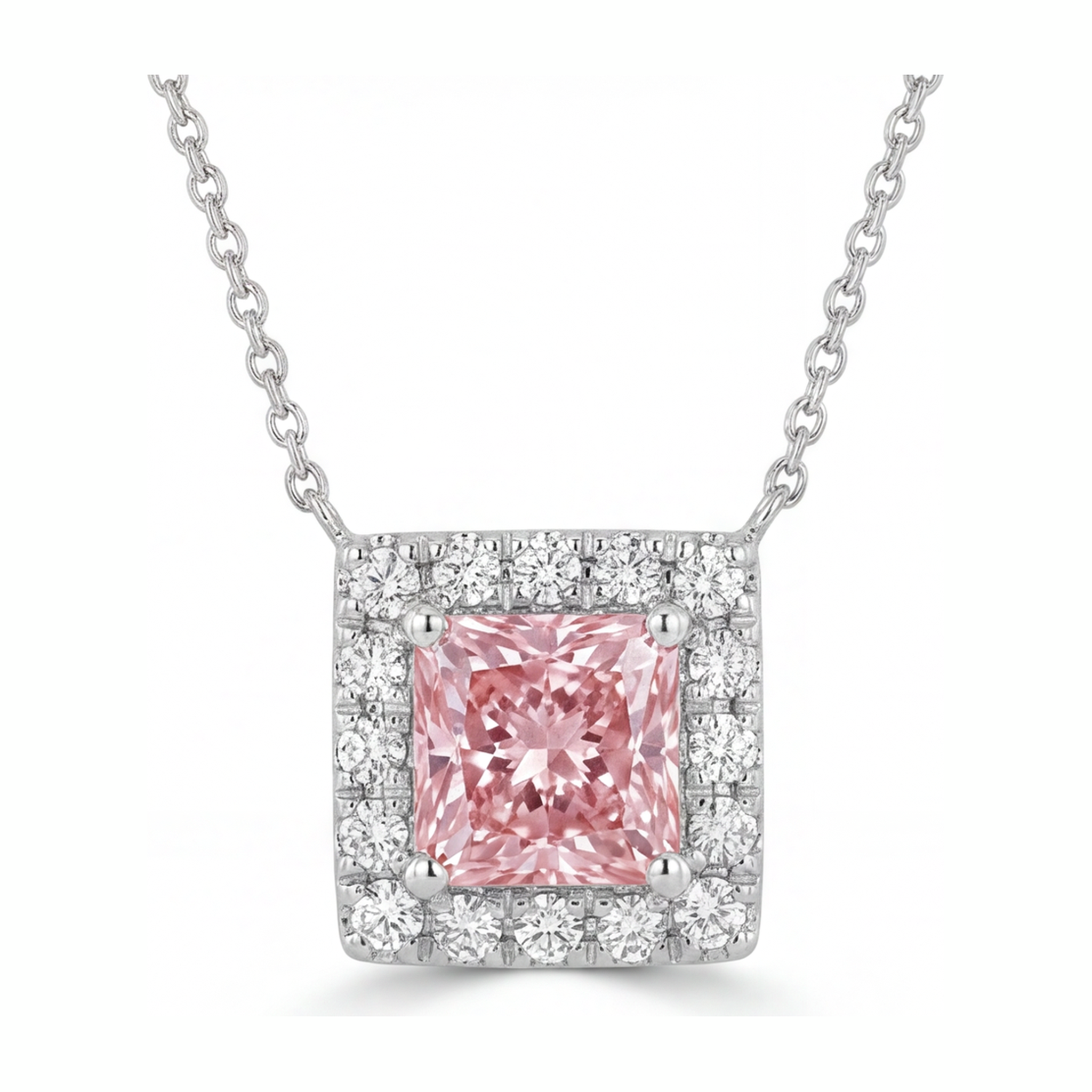Pink Diamond Necklace 4.5 Carat Lab Grown Radiant Halo Pave Pendant 14K White Gold